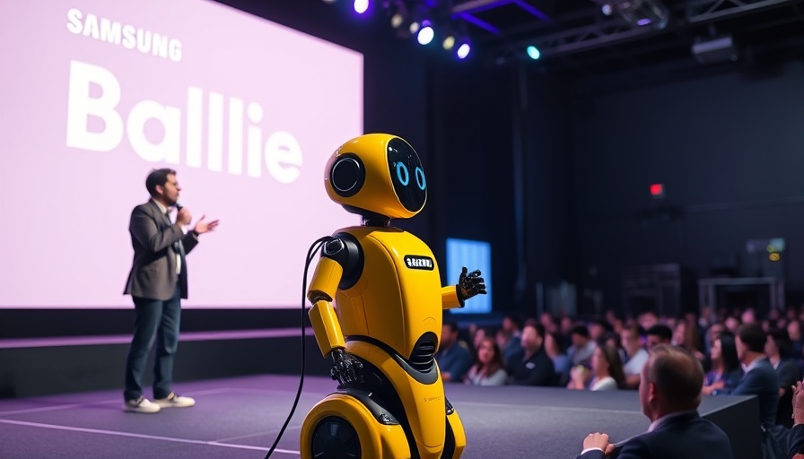 Samsung Ballie robot presentation with audience capturing the event.