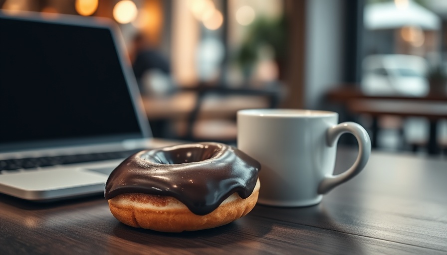Chocolate donut and coffee near laptop, cafe backdrop