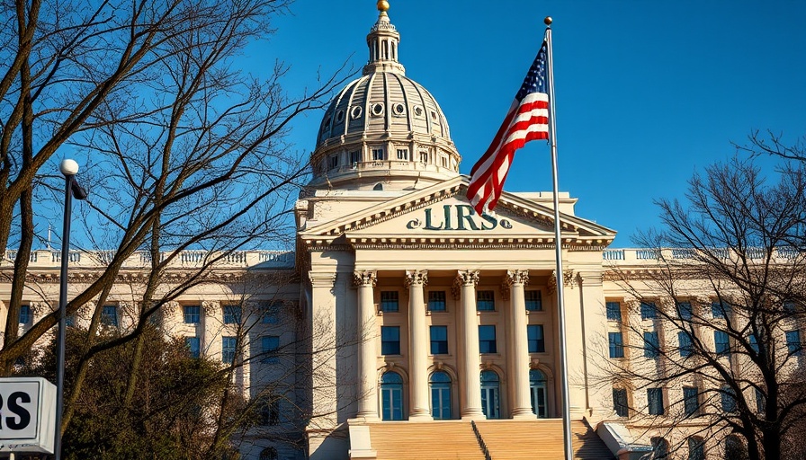 IRS Mega API - Internal Revenue Service building with sign and flag.