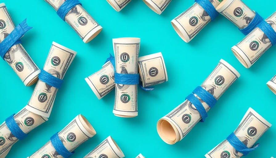 Pattern of rolled twenty-dollar bills with blue bands on teal backdrop
