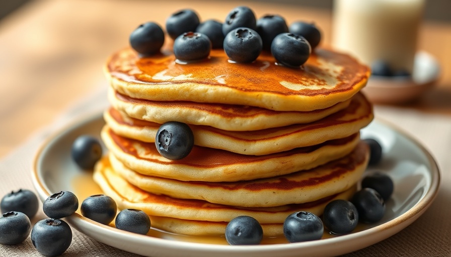 Buttermilk blueberry pancakes stacked with fresh blueberries.