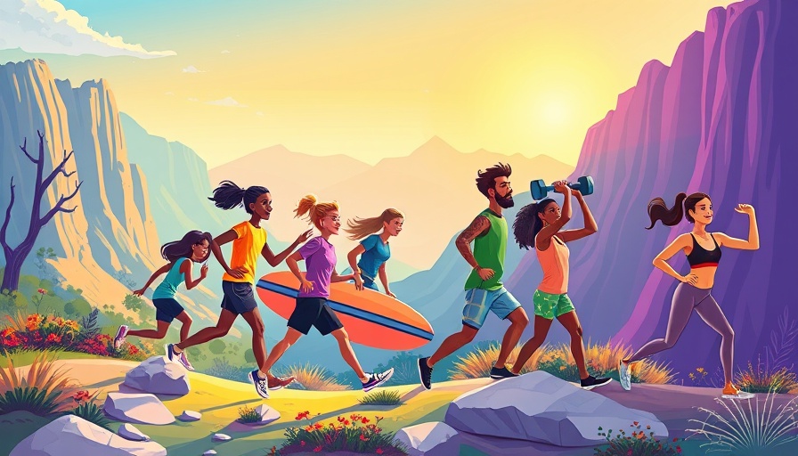 Colorful illustration of diverse people embracing movement in nature.