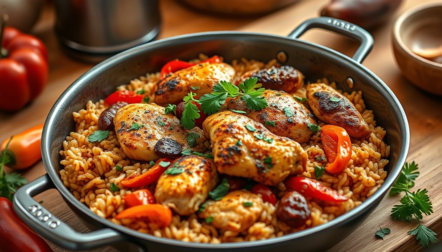 One Pan Southwest Chicken and Rice Fajita Skillet with vegetables and herbs.