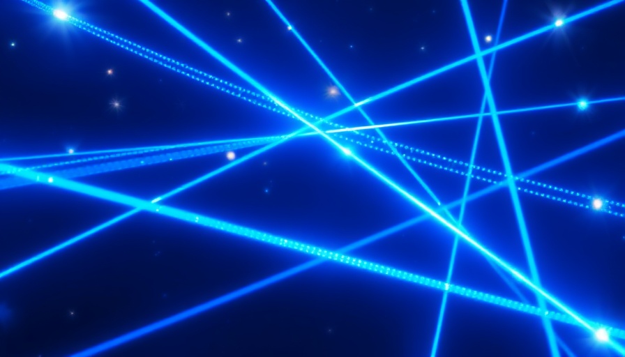Dynamic blue light beams create a vibrant grid pattern.