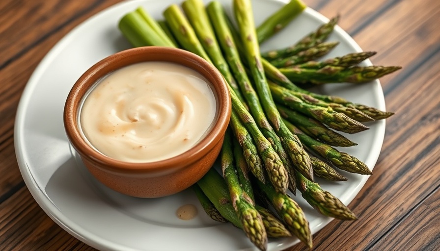 Grilled asparagus with creamy dipping sauce on a plate.