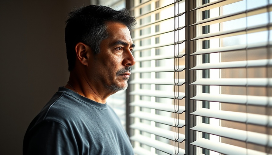 Middle-aged man reflecting near window blinds, temor a la deportación y salud mental.