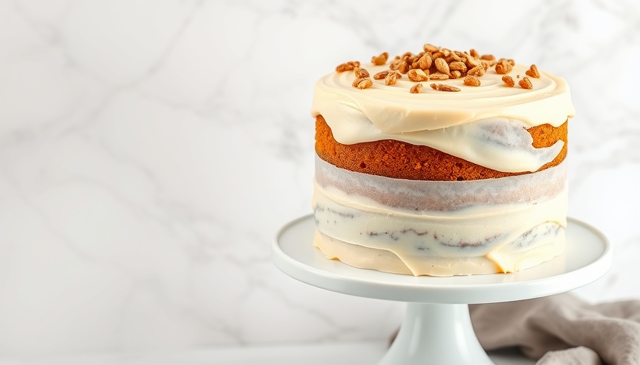 Deliciously frosted carrot cake on a white stand.