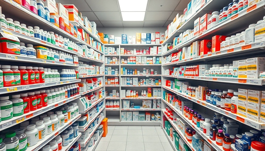 Pharmacy shelves filled with various medications reflecting drug price context.