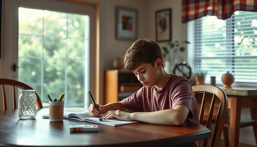 Young student homeschooling at a cozy home table.