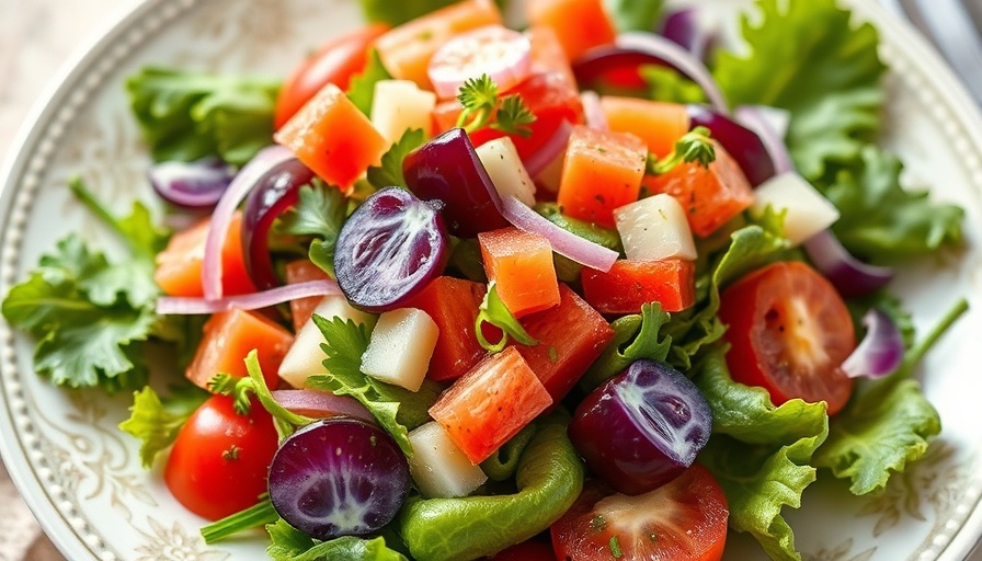 Vibrant spring salad with fresh greens and toppings on plate.