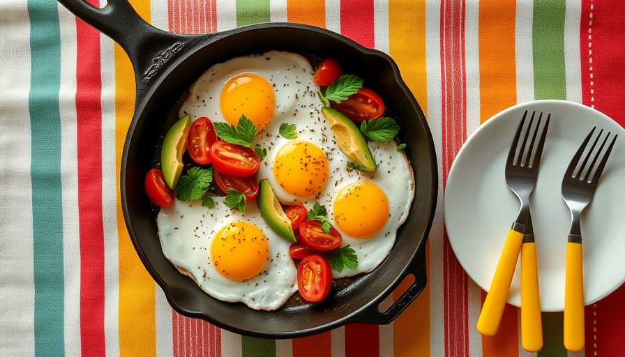 Egg skillet with avocado and tomatoes in a cast iron pan.
