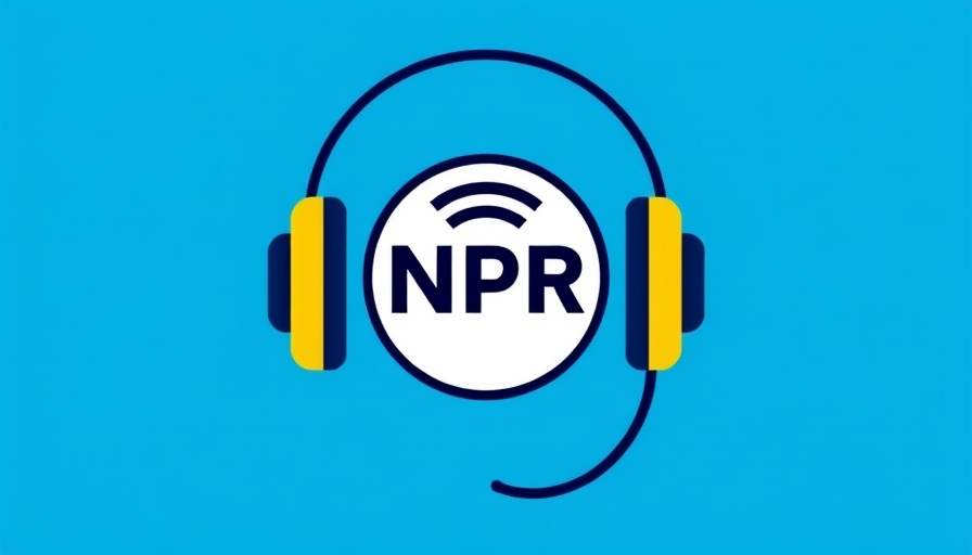 Minimalistic NPR logo design with headphones and radio signal on blue background