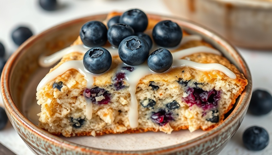 Lemon poppy seed blueberry baked oatmeal with blueberries and icing.