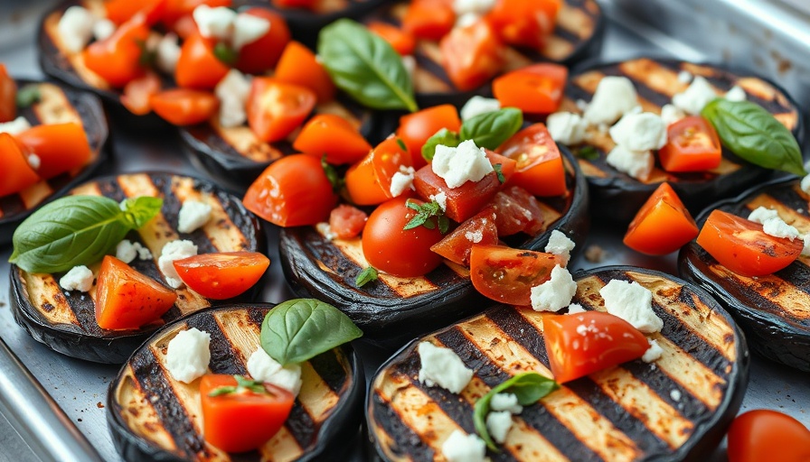 Grilled eggplant topped with tomatoes and cheese on baking sheet for healthy summer grilling recipes.