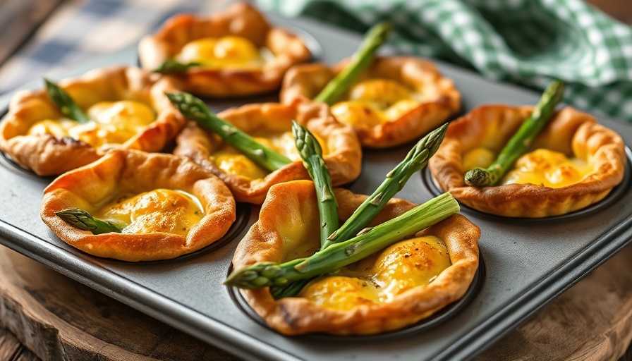 Asparagus tarts recipe served in a baking tray on a wooden board.