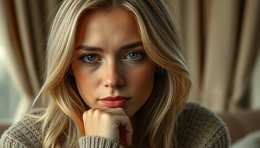 Contemplative woman with dermatillomania, resting her face in hand.
