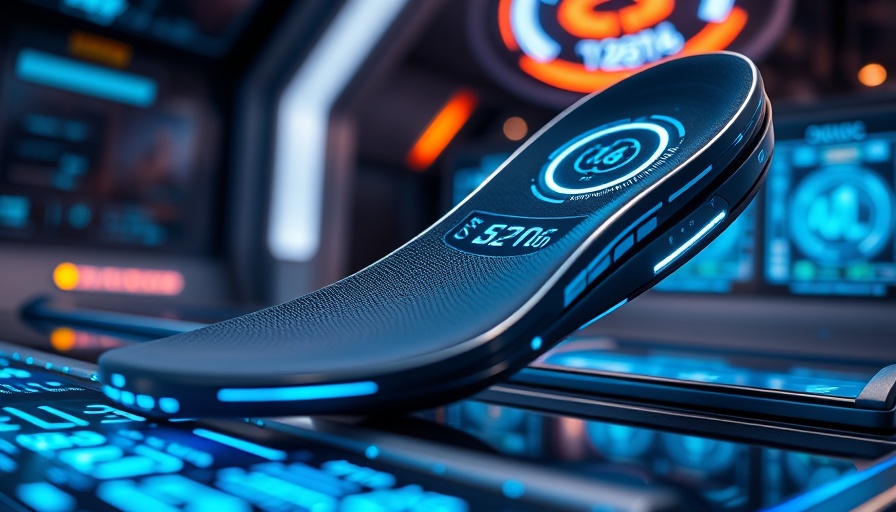 Wearable smart insole showcasing health monitoring features in a futuristic setting.