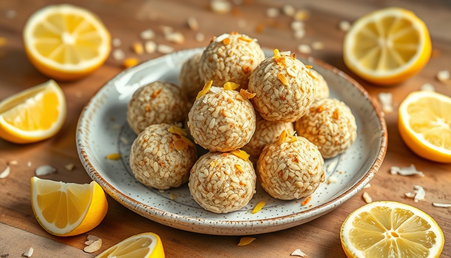 Lemon poppy seed energy bites with coconut flakes on a plate.