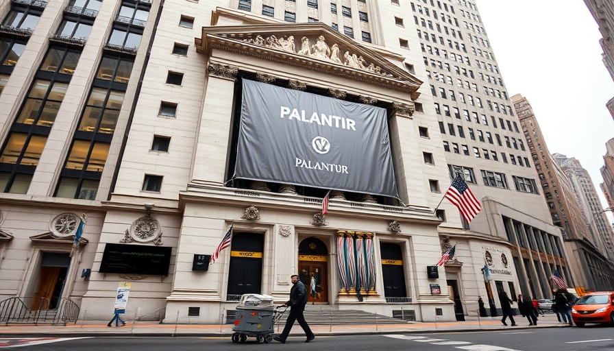 Palantir banner on NYSE facade emphasizes immigration surveillance work.
