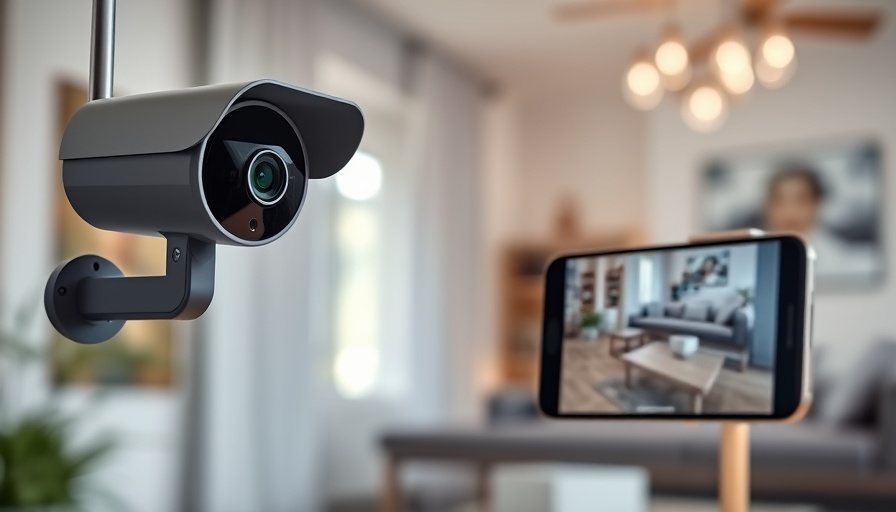 Modern security camera and smartphone displaying footage, eldercare use.