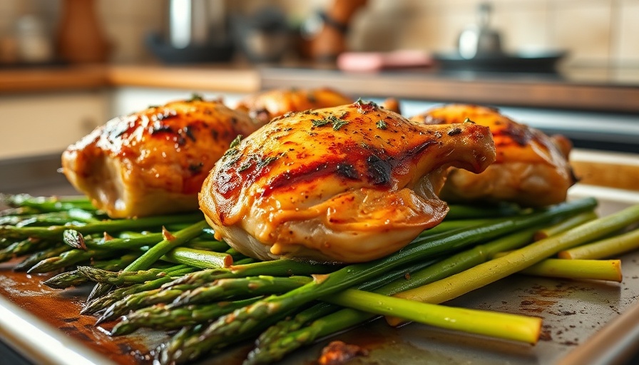 Sheet Pan Chicken Thighs and Asparagus perfectly roasted, ready to serve.