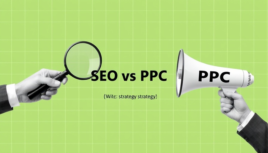 SEO vs. PPC conceptual comparison with magnifying glass and megaphone.