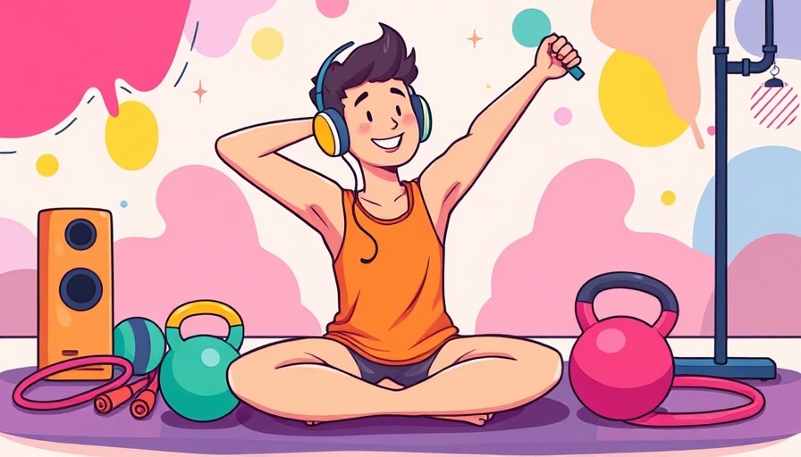 Cheerful abstract cartoon of person stretching with headphones and workout gear.