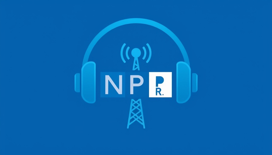 NPR logo with headphones and tower on blue background