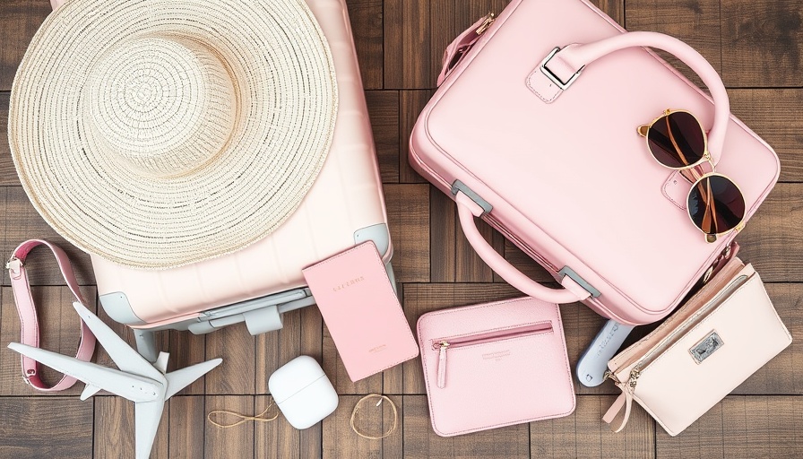 Travel wellness must-haves: suitcase, passport, cosmetics.