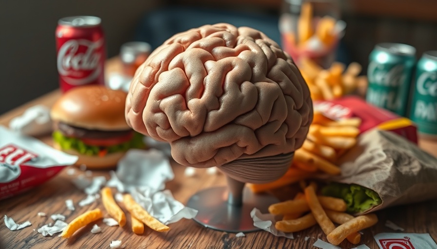 Brain surrounded by junk food symbolizing high-fat high-sugar diets' cognitive impact.