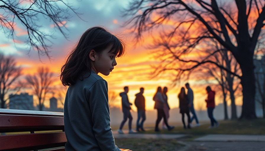 Lonely girl on bench, teens in background, mean instinct exclusion theme.