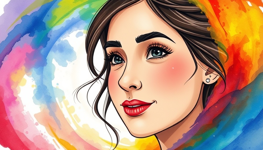 Empathetic woman surrounded by colorful swirls, symbolizing healing.