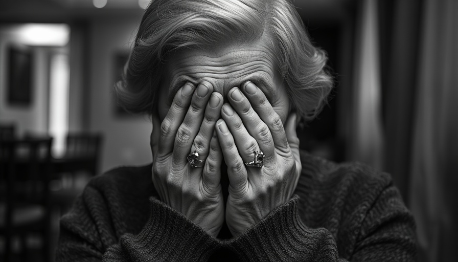 Elderly woman showing regret, hands on face, contrasting lighting.