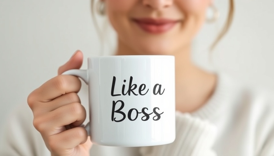Woman holding 'Like a Boss' mug, tiny daily rituals emphasis.