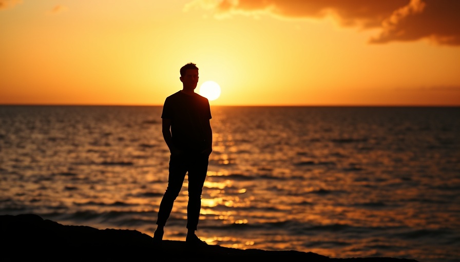 Silhouette at sunrise by the sea, symbolizing new beginnings.