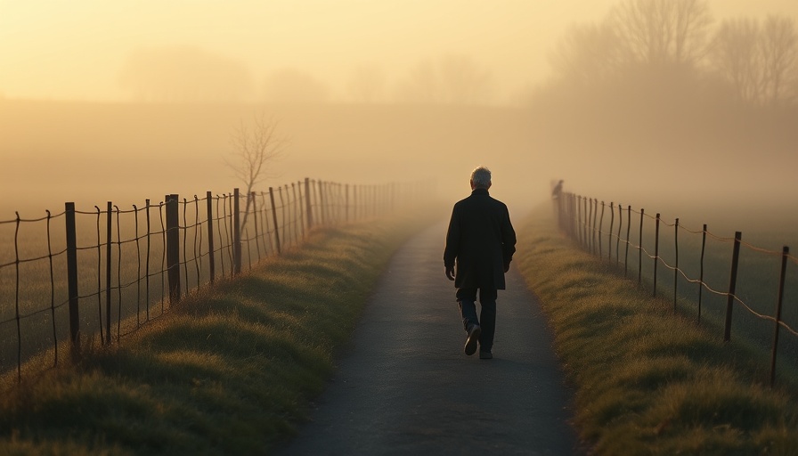 Solitary elderly man walking on misty path in countryside, wake-up calls for personal growth.