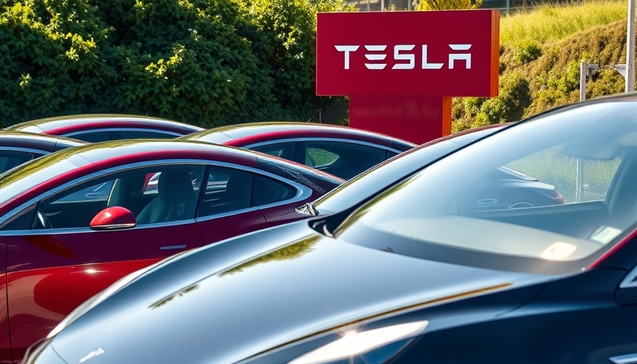 Tesla parking lot scene with Tesla sign, cars, green backdrop.