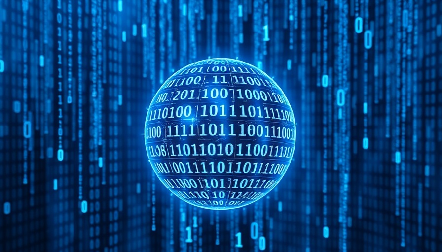 Binary code sphere in digital AI transformation space