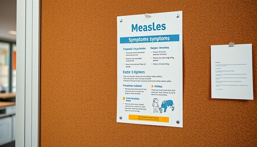 Healthcare poster on measles symptoms, pinned on bulletin board.