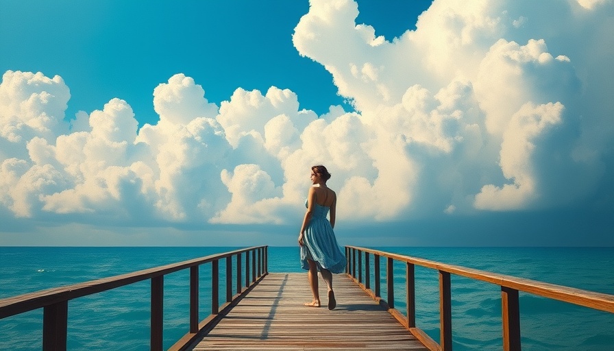 Dreamy scene of a woman on a pier surrounded by clouds, Trusting the Pause