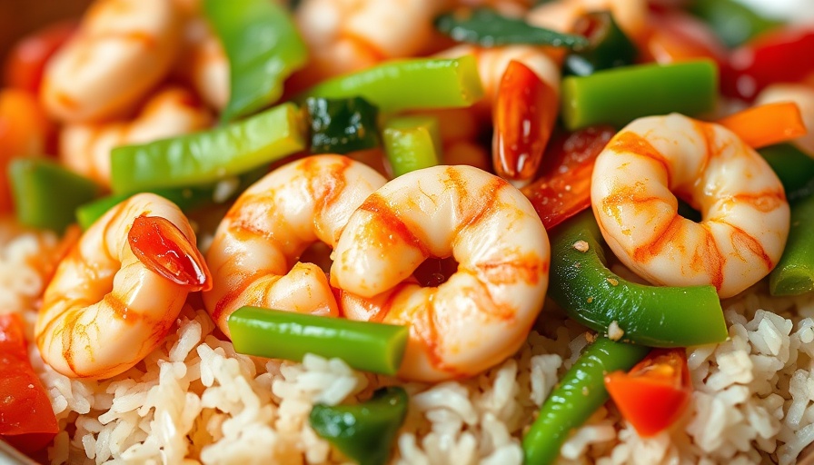 Colorful coconut milk shrimp stir-fry on rice with vegetables.