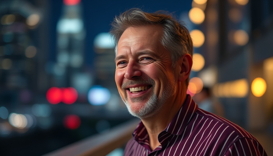 Middle-aged man smiling with night city lights background.