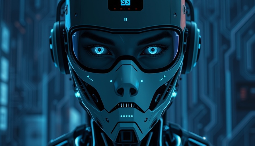 Futuristic AI cyborg with digital mask in NHI security context.