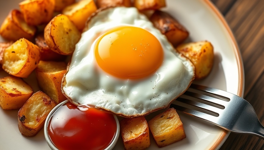 Crispy roasted breakfast potatoes with egg and ketchup.