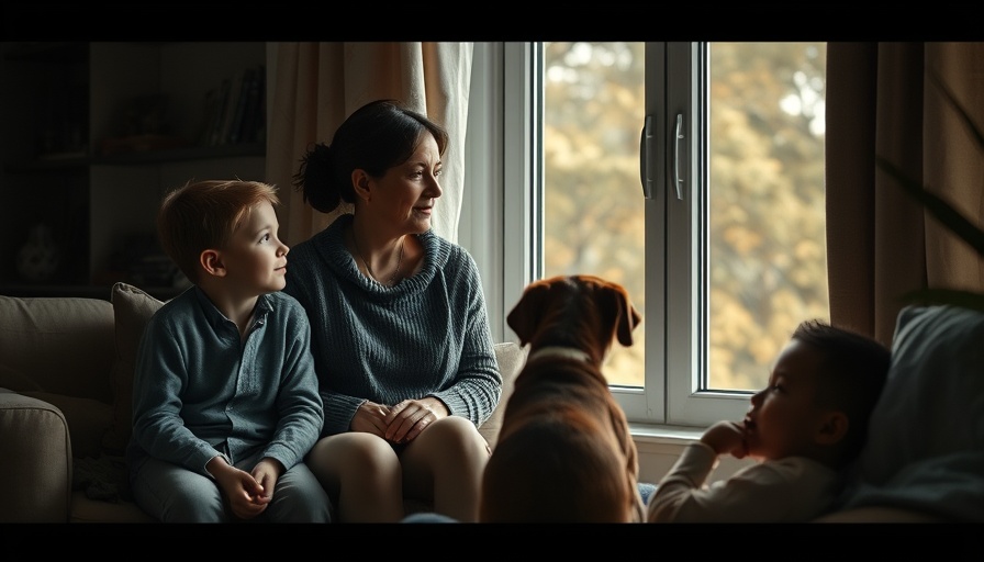 Family sitting by window, serene atmosphere, cozy living room.