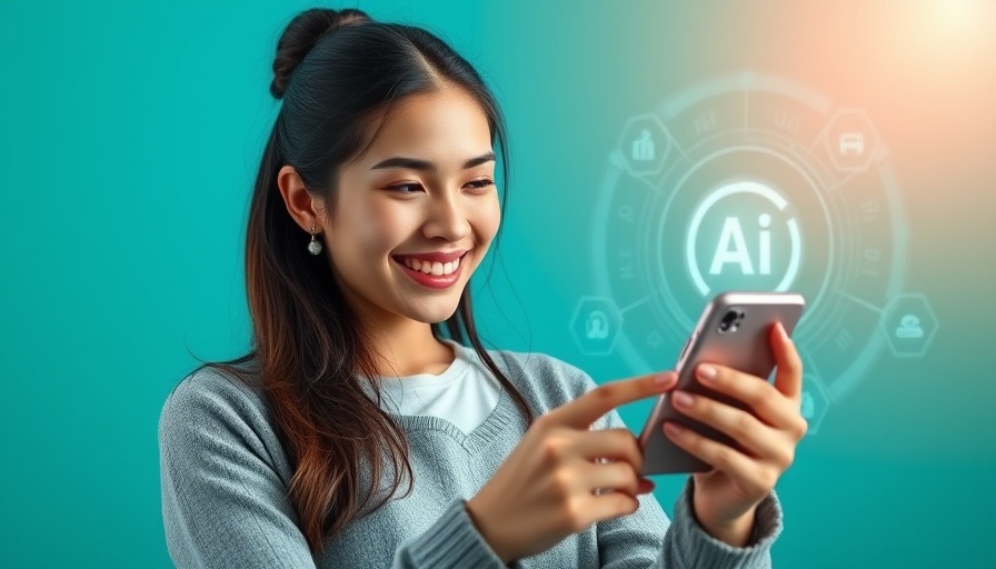 Cheerful woman on phone engaging with AI interface on teal background.