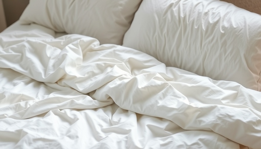 Cozy unmade bed with text 'Relaxing Bedtime Stretching Routine', ideal for bedtime stretches for relaxation.