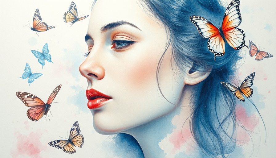 Watercolor portrait of woman with butterflies, healing and loneliness theme.