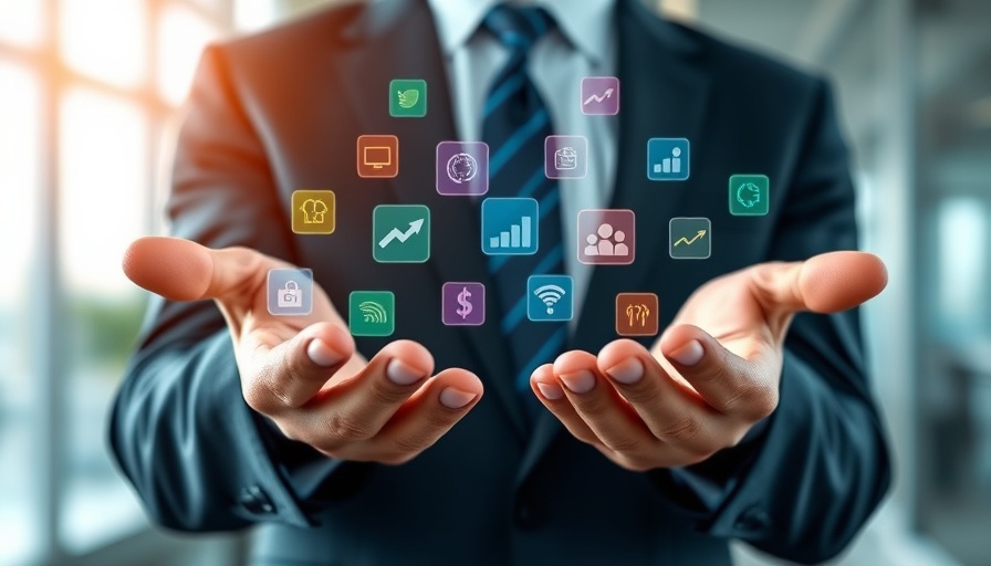 Floating app icons in hands of business professional, symbolizing tech options.