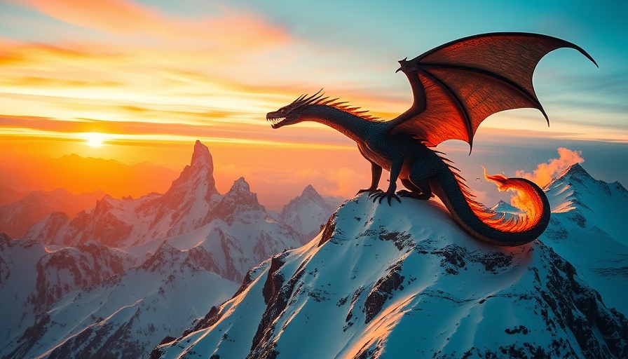 Majestic dragon breathing fire at sunset on snowy peak.